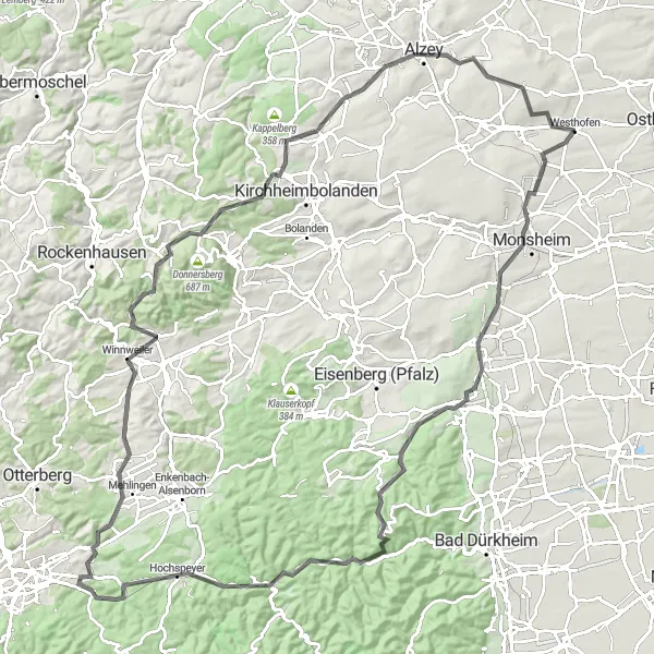 Map miniature of "Wine Country Road Cycling Tour" cycling inspiration in Rheinhessen-Pfalz, Germany. Generated by Tarmacs.app cycling route planner