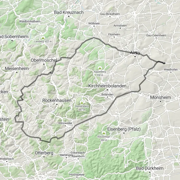 Map miniature of "The Rheinhessen-Pfalz Adventure" cycling inspiration in Rheinhessen-Pfalz, Germany. Generated by Tarmacs.app cycling route planner