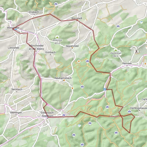Map miniature of "Gravel Adventure to Enkenbach-Alsenborn" cycling inspiration in Rheinhessen-Pfalz, Germany. Generated by Tarmacs.app cycling route planner