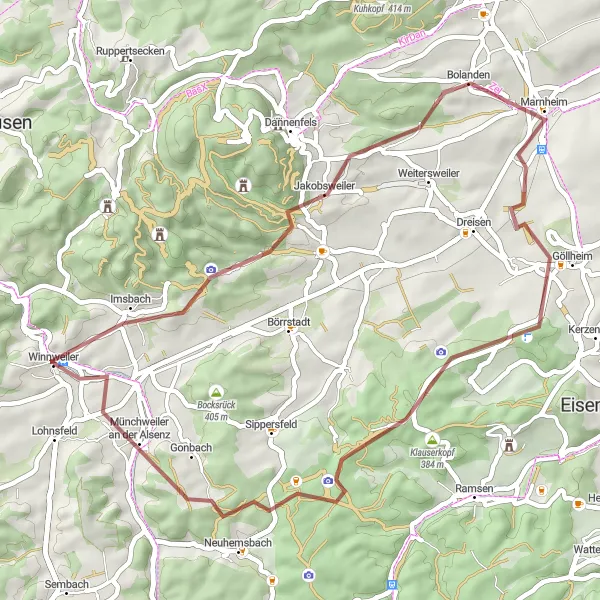 Map miniature of "The Gravel Trail of Jakobsweiler" cycling inspiration in Rheinhessen-Pfalz, Germany. Generated by Tarmacs.app cycling route planner