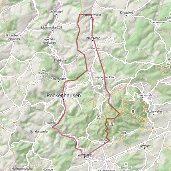 Map miniature of "Exploring the Valleys of Winnweiler" cycling inspiration in Rheinhessen-Pfalz, Germany. Generated by Tarmacs.app cycling route planner