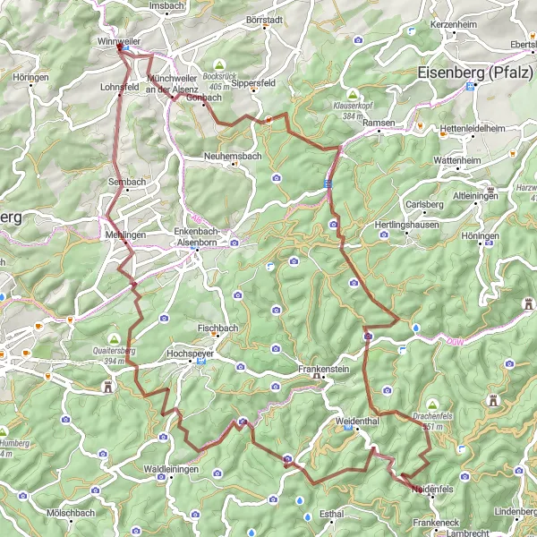 Karten-Miniaturansicht der Radinspiration "Gravel-Tour rund um Winnweiler" in Rheinhessen-Pfalz, Germany. Erstellt vom Tarmacs.app-Routenplaner für Radtouren