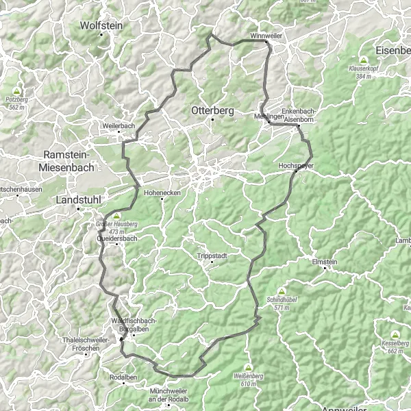 Map miniature of "The Rheinhessen - Pfalz Circle Tour" cycling inspiration in Rheinhessen-Pfalz, Germany. Generated by Tarmacs.app cycling route planner