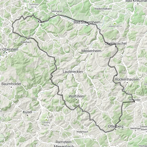 Map miniature of "Climbing the Hills of Rheinhessen" cycling inspiration in Rheinhessen-Pfalz, Germany. Generated by Tarmacs.app cycling route planner