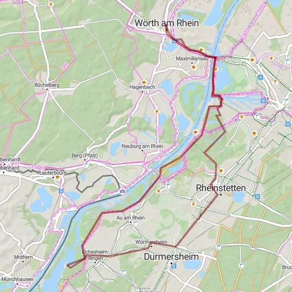 Map miniature of "Nature and History: Wörth am Rhein to Maximiliansau" cycling inspiration in Rheinhessen-Pfalz, Germany. Generated by Tarmacs.app cycling route planner