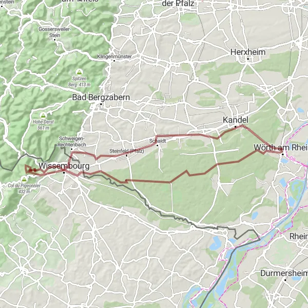 Map miniature of "The Hidden Gems: Wörth am Rhein to Kandel" cycling inspiration in Rheinhessen-Pfalz, Germany. Generated by Tarmacs.app cycling route planner