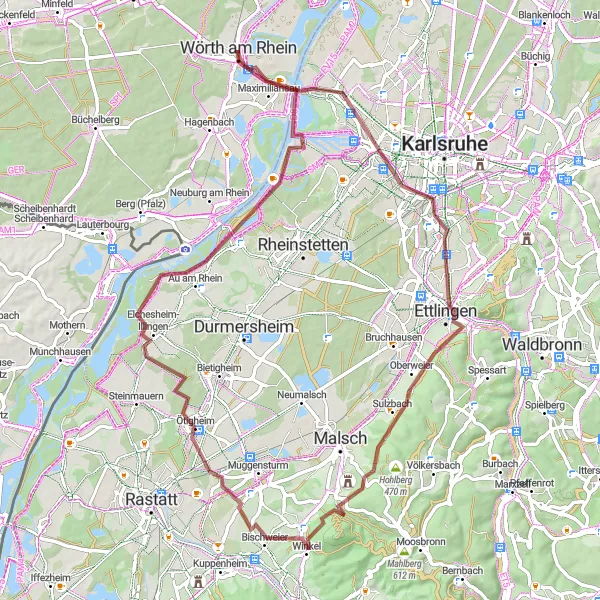 Map miniature of "Historic Landmarks: Wörth am Rhein to Maximiliansau" cycling inspiration in Rheinhessen-Pfalz, Germany. Generated by Tarmacs.app cycling route planner