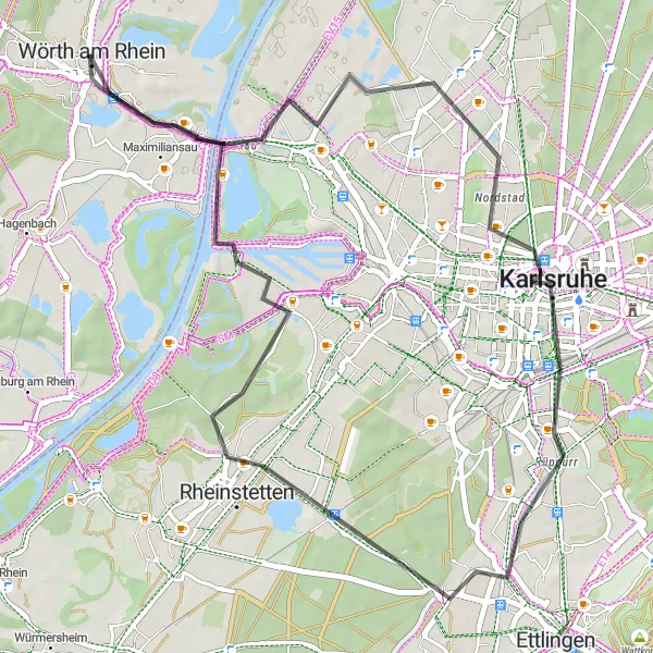 Map miniature of "Riverside Splendor: Wörth am Rhein to Maximiliansau" cycling inspiration in Rheinhessen-Pfalz, Germany. Generated by Tarmacs.app cycling route planner