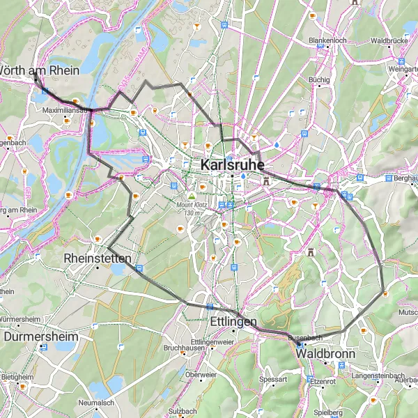 Map miniature of "Hilltop Adventure: Wörth am Rhein to Karlsburg" cycling inspiration in Rheinhessen-Pfalz, Germany. Generated by Tarmacs.app cycling route planner