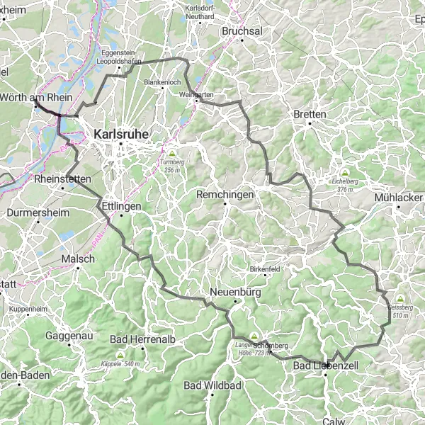 Karten-Miniaturansicht der Radinspiration "Herausfordernde Pfälzerwald-Tour" in Rheinhessen-Pfalz, Germany. Erstellt vom Tarmacs.app-Routenplaner für Radtouren