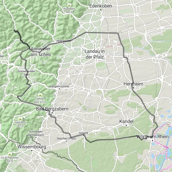 Karten-Miniaturansicht der Radinspiration "Weinstraße und Waldidylle" in Rheinhessen-Pfalz, Germany. Erstellt vom Tarmacs.app-Routenplaner für Radtouren