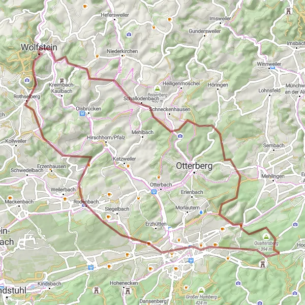 Map miniature of "Gravel Adventure through Forests and Hills" cycling inspiration in Rheinhessen-Pfalz, Germany. Generated by Tarmacs.app cycling route planner