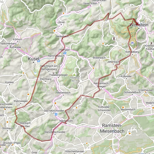 Map miniature of "The Totenkopf Gravel Circuit" cycling inspiration in Rheinhessen-Pfalz, Germany. Generated by Tarmacs.app cycling route planner