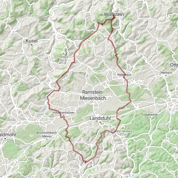 Map miniature of "Wolfstein Gravel Adventure" cycling inspiration in Rheinhessen-Pfalz, Germany. Generated by Tarmacs.app cycling route planner