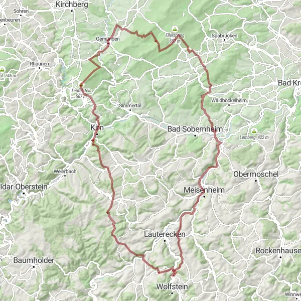 Map miniature of "Wolfstein Epic Gravel Ride" cycling inspiration in Rheinhessen-Pfalz, Germany. Generated by Tarmacs.app cycling route planner