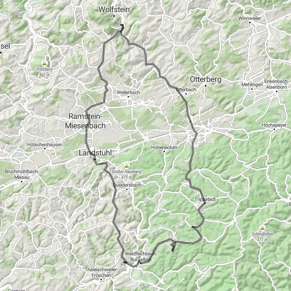 Karten-Miniaturansicht der Radinspiration "Radtour nach Rutsweiler an der Lauter über Ramstein-Miesenbach" in Rheinhessen-Pfalz, Germany. Erstellt vom Tarmacs.app-Routenplaner für Radtouren