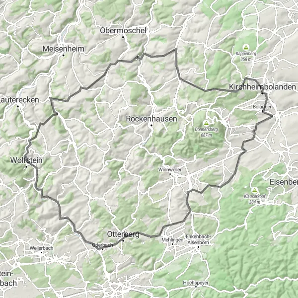 Karten-Miniaturansicht der Radinspiration "Wolfstein Rundkurs über Kirchheimbolanden und Totenkopf" in Rheinhessen-Pfalz, Germany. Erstellt vom Tarmacs.app-Routenplaner für Radtouren