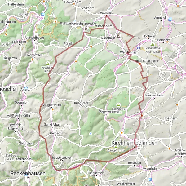 Karten-Miniaturansicht der Radinspiration "Ausdauernde Gravelroute von Wöllstein nach Neu-Bamberg" in Rheinhessen-Pfalz, Germany. Erstellt vom Tarmacs.app-Routenplaner für Radtouren