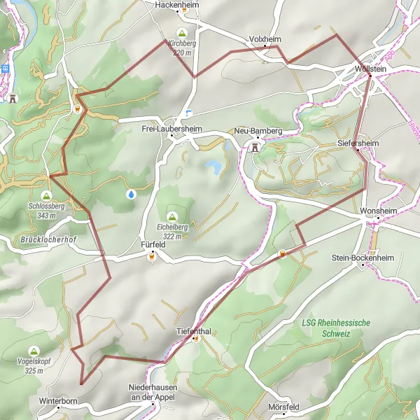 Karten-Miniaturansicht der Radinspiration "Wöllstein-Rundkurs durch Wonsheim" in Rheinhessen-Pfalz, Germany. Erstellt vom Tarmacs.app-Routenplaner für Radtouren