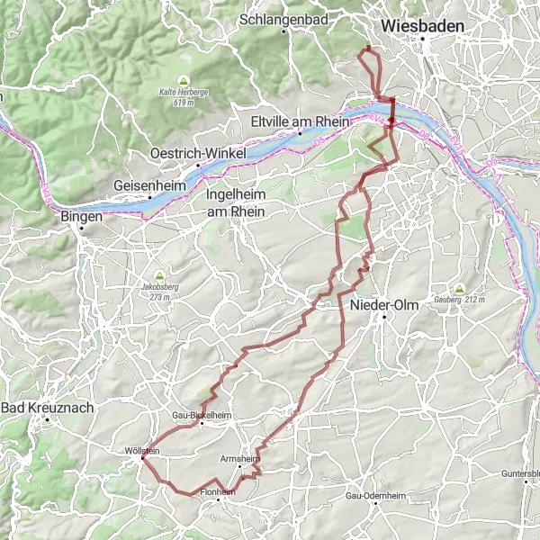 Map miniature of "Wöllstein to Armsheim and Back" cycling inspiration in Rheinhessen-Pfalz, Germany. Generated by Tarmacs.app cycling route planner