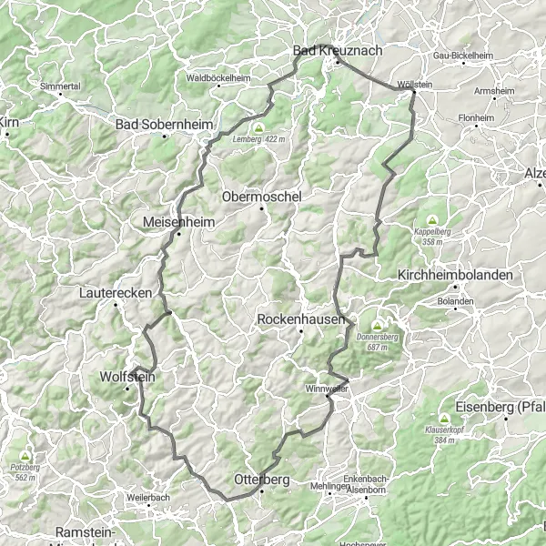 Map miniature of "Rheinhessen Epic Climb" cycling inspiration in Rheinhessen-Pfalz, Germany. Generated by Tarmacs.app cycling route planner