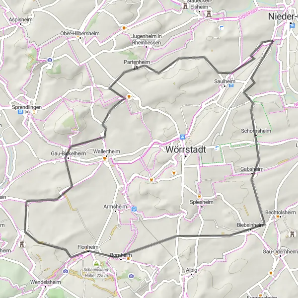 Map miniature of "Wöllstein Vineyard Adventure" cycling inspiration in Rheinhessen-Pfalz, Germany. Generated by Tarmacs.app cycling route planner