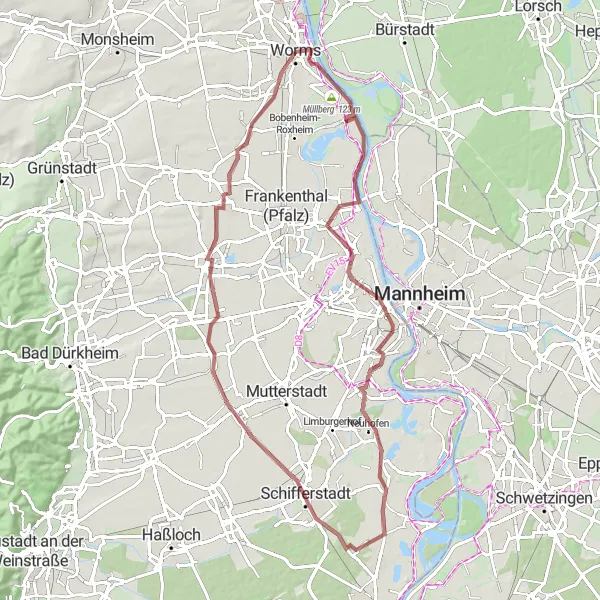 Map miniature of "Worms to Mikwe via Edigheim and Schifferstadt" cycling inspiration in Rheinhessen-Pfalz, Germany. Generated by Tarmacs.app cycling route planner