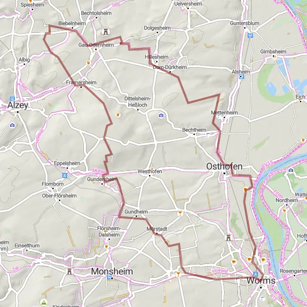 Map miniature of "Worms to Mikwe via Gundheim and Osthofen" cycling inspiration in Rheinhessen-Pfalz, Germany. Generated by Tarmacs.app cycling route planner