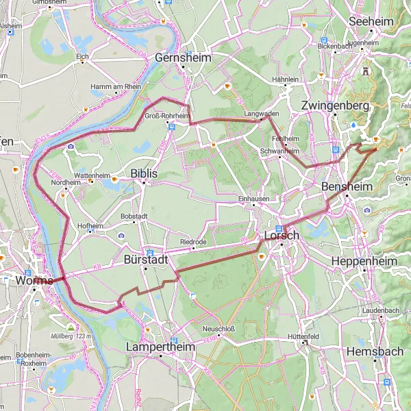 Map miniature of "Rheinhessen-Pfalz Gravel Loop" cycling inspiration in Rheinhessen-Pfalz, Germany. Generated by Tarmacs.app cycling route planner