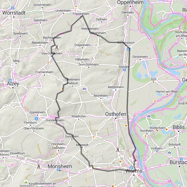 Map miniature of "Worms to Mikwe via Bermersheim and Guntersblum" cycling inspiration in Rheinhessen-Pfalz, Germany. Generated by Tarmacs.app cycling route planner