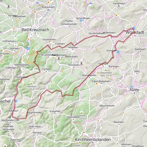 Karten-Miniaturansicht der Radinspiration "Natur und Geschichte - gravel" in Rheinhessen-Pfalz, Germany. Erstellt vom Tarmacs.app-Routenplaner für Radtouren