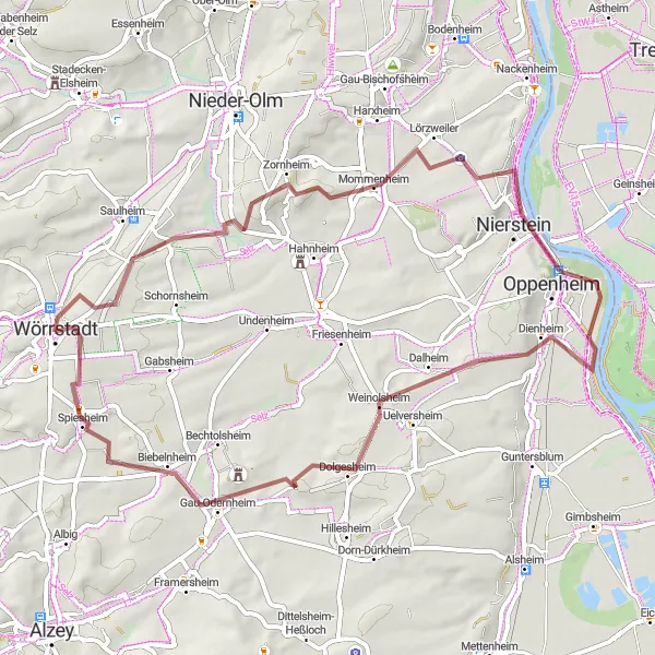 Map miniature of "Vineyard Gravel Quest" cycling inspiration in Rheinhessen-Pfalz, Germany. Generated by Tarmacs.app cycling route planner