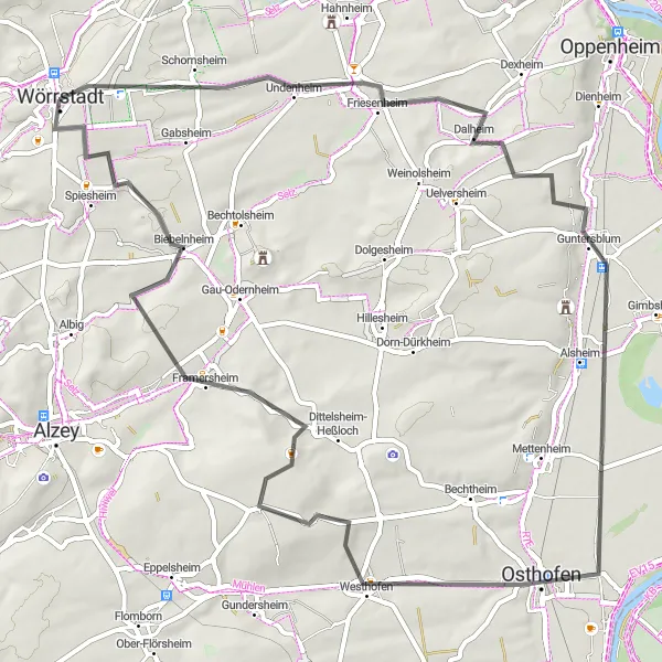 Karten-Miniaturansicht der Radinspiration "Rheinhessen Road Cycling Adventure" in Rheinhessen-Pfalz, Germany. Erstellt vom Tarmacs.app-Routenplaner für Radtouren