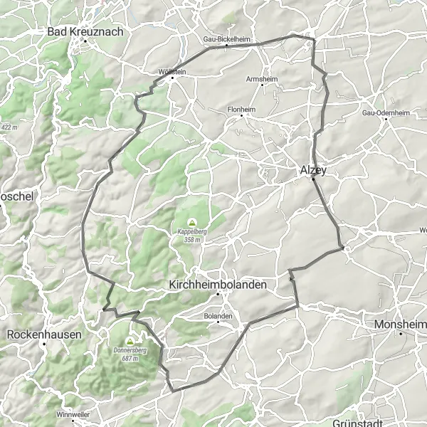 Karten-Miniaturansicht der Radinspiration "Kultur und Landschaft - road" in Rheinhessen-Pfalz, Germany. Erstellt vom Tarmacs.app-Routenplaner für Radtouren