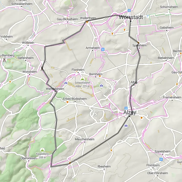 Karten-Miniaturansicht der Radinspiration "Alzeyer Land Road Cycling Route" in Rheinhessen-Pfalz, Germany. Erstellt vom Tarmacs.app-Routenplaner für Radtouren