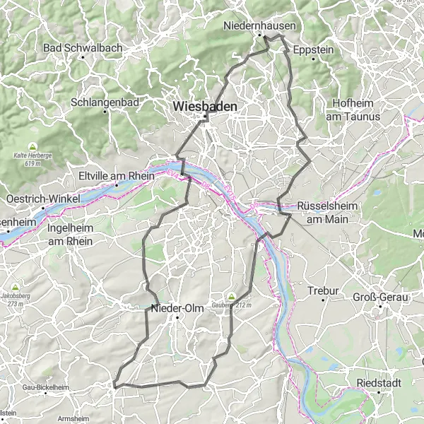Map miniature of "Rheinhessen Road Cycling Adventure" cycling inspiration in Rheinhessen-Pfalz, Germany. Generated by Tarmacs.app cycling route planner