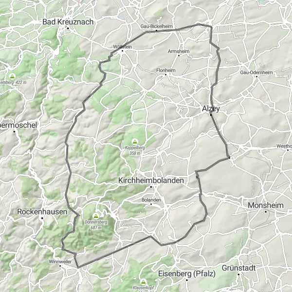 Map miniature of "Rheinhessen Hills Challenge" cycling inspiration in Rheinhessen-Pfalz, Germany. Generated by Tarmacs.app cycling route planner