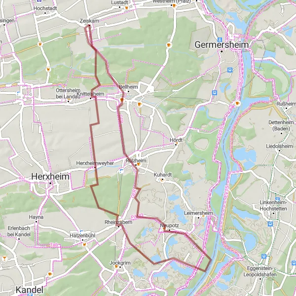 Map miniature of "Zeiskam gravel adventure" cycling inspiration in Rheinhessen-Pfalz, Germany. Generated by Tarmacs.app cycling route planner