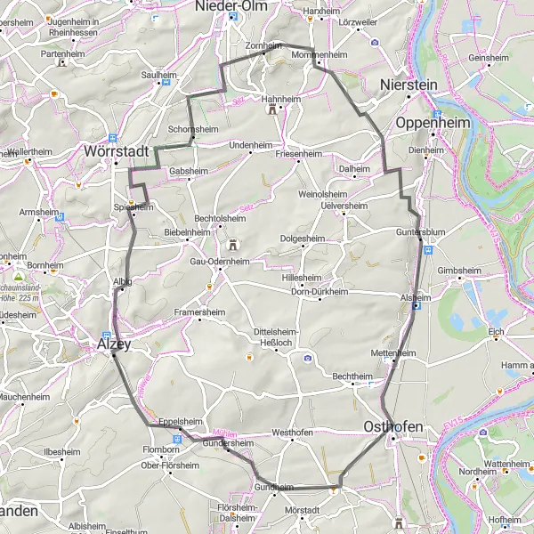 Karten-Miniaturansicht der Radinspiration "Rheinhessen Rundtour" in Rheinhessen-Pfalz, Germany. Erstellt vom Tarmacs.app-Routenplaner für Radtouren