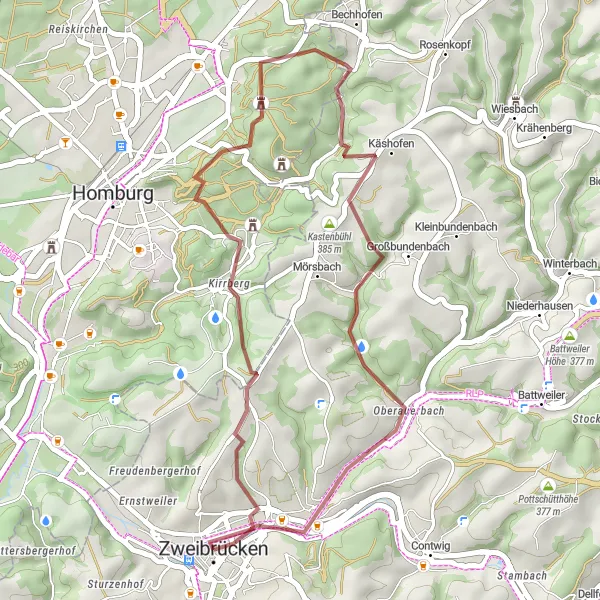 Map miniature of "Discovering Zweibrücken Gravel Adventure" cycling inspiration in Rheinhessen-Pfalz, Germany. Generated by Tarmacs.app cycling route planner