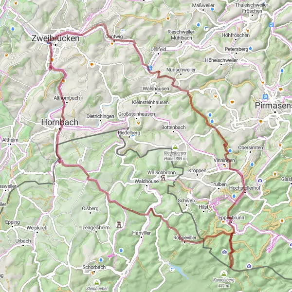 Map miniature of "Pleasurable Gravel Enchantment: Zweibrücken to Vinningen" cycling inspiration in Rheinhessen-Pfalz, Germany. Generated by Tarmacs.app cycling route planner
