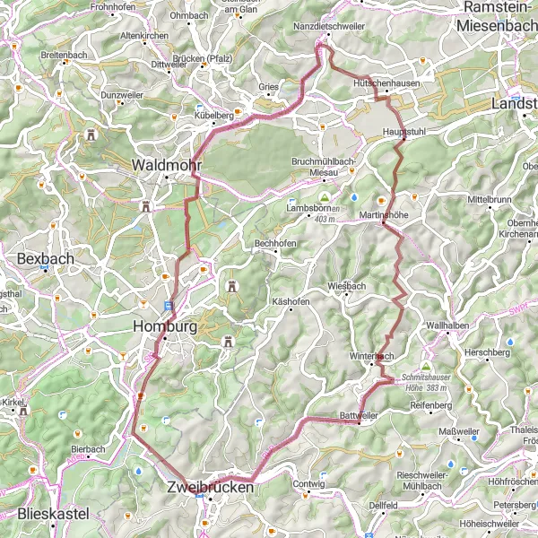 Karten-Miniaturansicht der Radinspiration "Cycling around Zweibrücken Castle" in Rheinhessen-Pfalz, Germany. Erstellt vom Tarmacs.app-Routenplaner für Radtouren