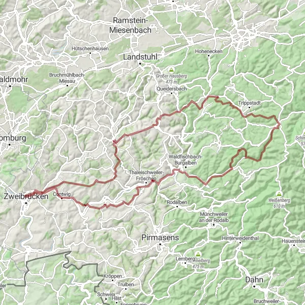 Map miniature of "Challenging Gravel Adventure: Zweibrücken to Wingertsberg" cycling inspiration in Rheinhessen-Pfalz, Germany. Generated by Tarmacs.app cycling route planner