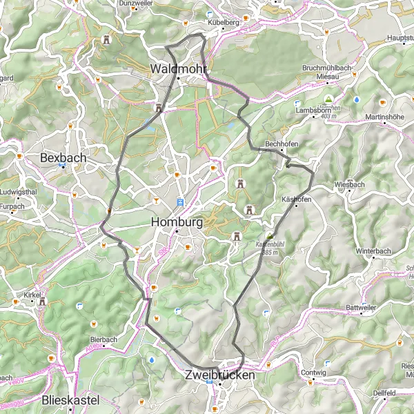 Karten-Miniaturansicht der Radinspiration "Schlösser und Berge Tour" in Rheinhessen-Pfalz, Germany. Erstellt vom Tarmacs.app-Routenplaner für Radtouren