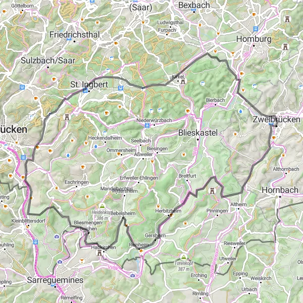 Map miniature of "Zweibrücken and the Hillside Castle Loop" cycling inspiration in Rheinhessen-Pfalz, Germany. Generated by Tarmacs.app cycling route planner