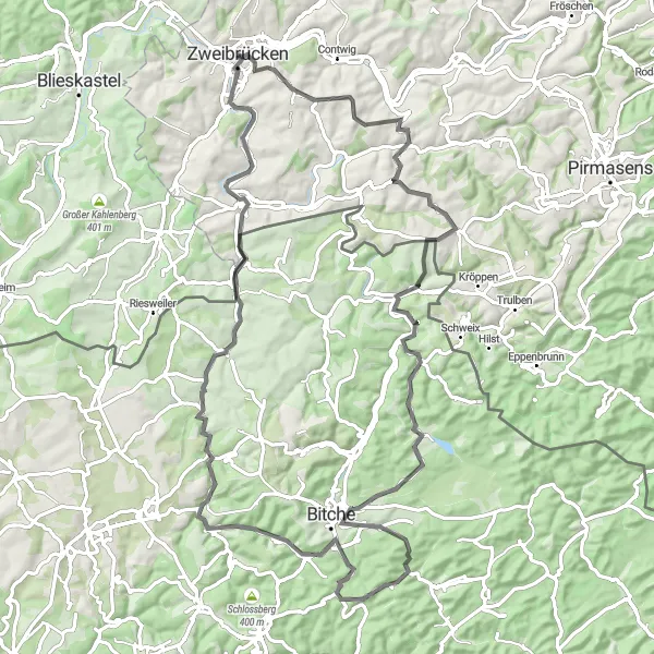 Map miniature of "The Hundsbühl Loop" cycling inspiration in Rheinhessen-Pfalz, Germany. Generated by Tarmacs.app cycling route planner