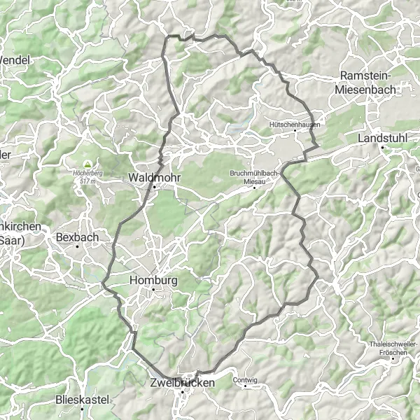 Map miniature of "The Zweibrücken Reel" cycling inspiration in Rheinhessen-Pfalz, Germany. Generated by Tarmacs.app cycling route planner