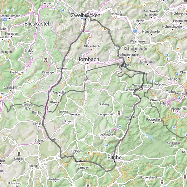 Map miniature of "The Bitche Loop: A Road Journey through Nature's Glory" cycling inspiration in Rheinhessen-Pfalz, Germany. Generated by Tarmacs.app cycling route planner