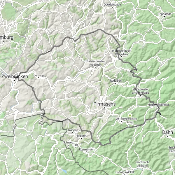 Karten-Miniaturansicht der Radinspiration "Panorama Tour Zweibrücken" in Rheinhessen-Pfalz, Germany. Erstellt vom Tarmacs.app-Routenplaner für Radtouren