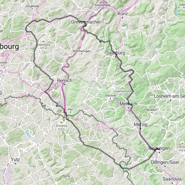 Karten-Miniaturansicht der Radinspiration "Beckingen - Königsberg - Merzig Rundfahrt" in Saarland, Germany. Erstellt vom Tarmacs.app-Routenplaner für Radtouren